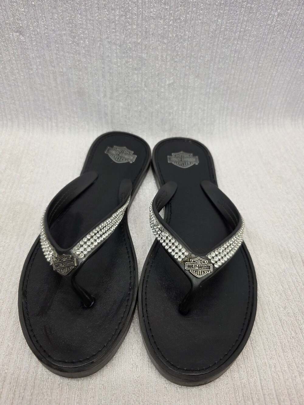 Harley-Davidson Women's Black Crystal Rhinestone Thong Flip Flop Sandals Size 7